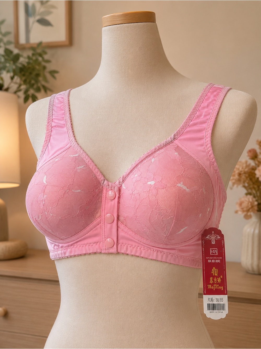 Pink Lace Front-Closure Comfort Bra